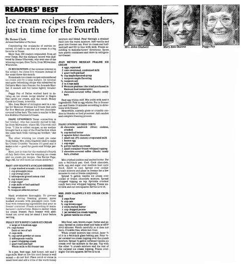 An article about an ice cream recipe contest, Dallas Morning News newspaper article 1 July 1982