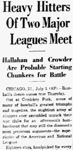 An article about baseball's first All Star Game, Dallas Morning News newspaper article 6 July 1933