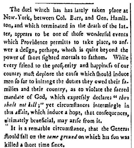 An article about the Hamilton-Burr duel, Democrat newspaper article 18 July 1804