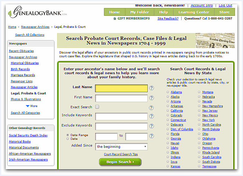 Screenshot of GenealogyBank's Probate Court Records search page
