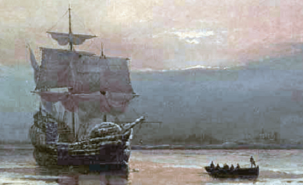 Painting: "Mayflower in Plymouth Harbor," by William Halsall, 1882. Credit: Wikimedia Commons.