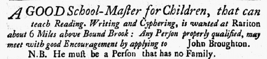 An ad for a school master, New-York Gazette, or Weekly Post-Boy newspaper advertisement 25 May 1747