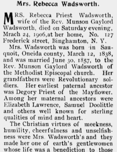 An obituary for Rebecca (Priest) Wadsworth, Northern Christian Advocate newspaper article 23 August 1906