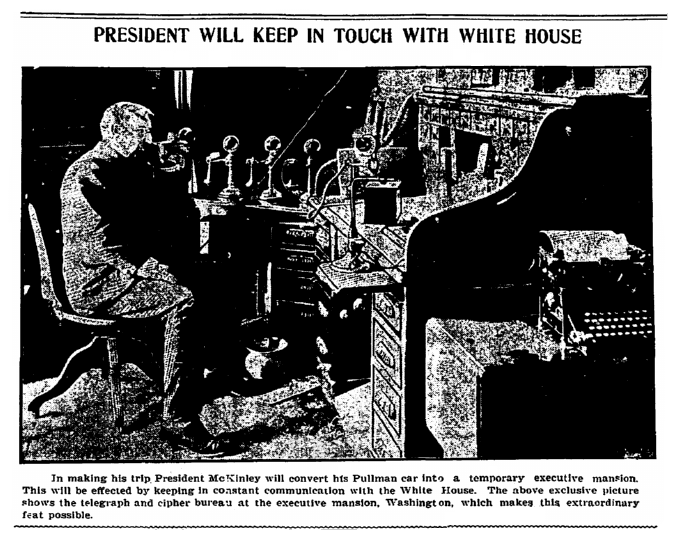An article about how President McKinley sent encrypted messages from his Pullman train car, Patriot newspaper article 26 April 1901