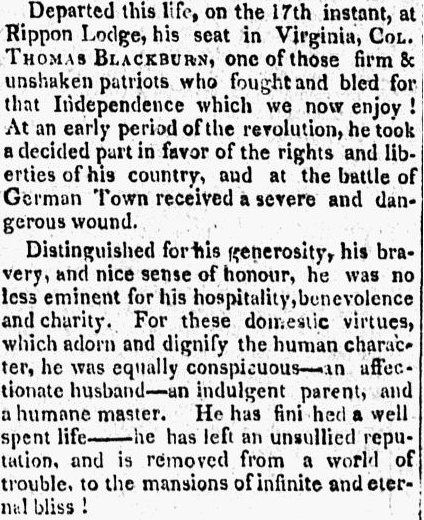Obituary for Thomas Blackburn, People’s Friend newspaper article 27 July 1807