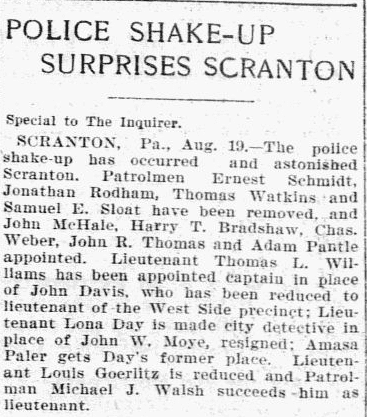 An article about the police in Scranton, Pennsylvania, Philadelphia Inquirer newspaper article 20 August 1901