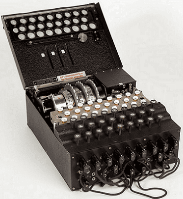 Photo: military Enigma machine, model "Enigma 1," used during the late 1930s and during WWII; displayed at the Museo Nazionale della Scienza e della Tecnologia, Milan, Italy. Credit: Alessandro Nassiri; Wikimedia Commons.