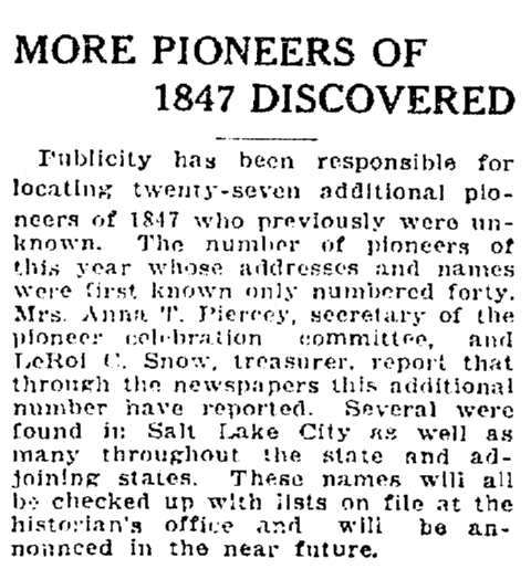 An article about the Pioneers of 1847, Salt Lake Telegram newspaper article 5 July 1922