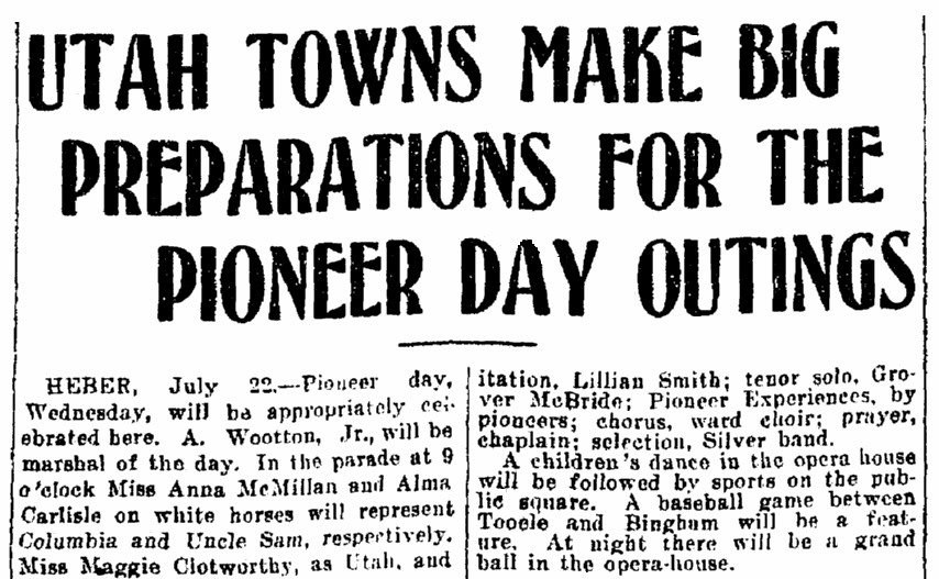 An article about Pioneer Day, Salt Lake Telegram newspaper article 22 July 1907