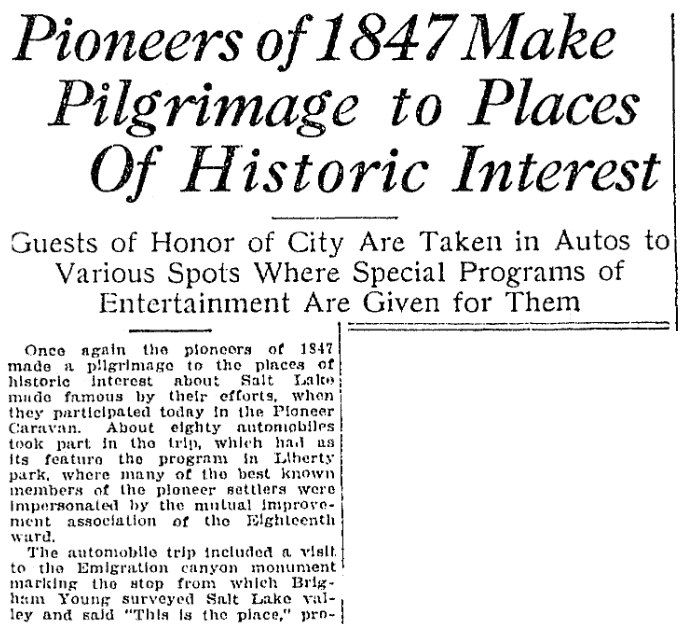 An article about the Pioneers of 1847, Salt Lake Telegram newspaper article 24 July 1922