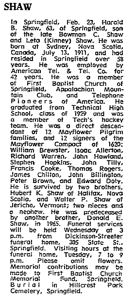 An obituary for Harold B. Shaw, Springfield Union newspaper article 25 February 1975