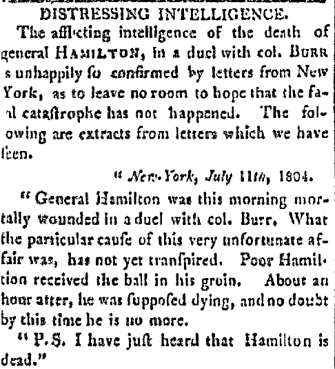 An article about the Hamilton-Burr duel, United States’ Gazette newspaper article 12 July 1804