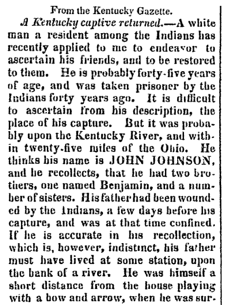 An article about John Johnson, Weekly Arkansas Gazette newspaper article 27 April 1824