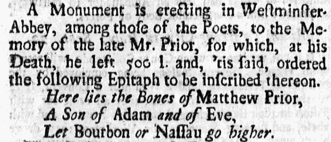 Matthew Prior's epitaph, American Weekly Mercury newspaper article 21 January 1724