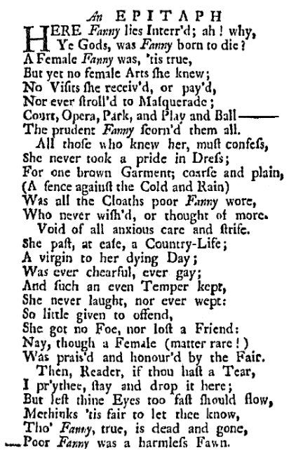 An epitaph for Fanny, American Weekly Mercury newspaper article 29 December 1737