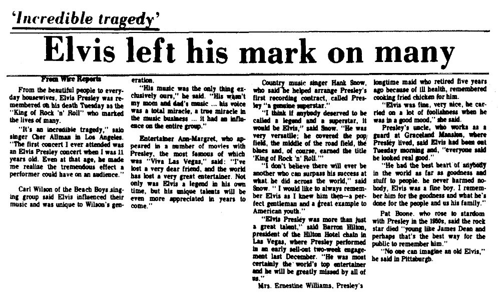An article reporting tributes to Elvis Presley after his death, Augusta Chronicle newspaper article 17 August 1977