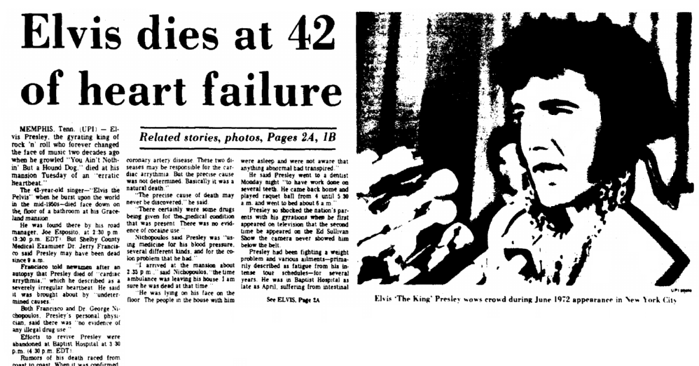 An article about Elvis Presley's death, Augusta Chronicle newspaper article 17 August 1977