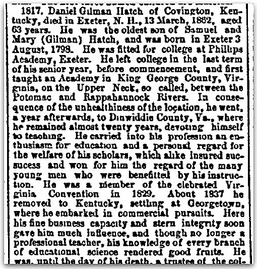 An obituary for Daniel Hatch, Boston Daily Advertiser newspaper article 16 July 1862