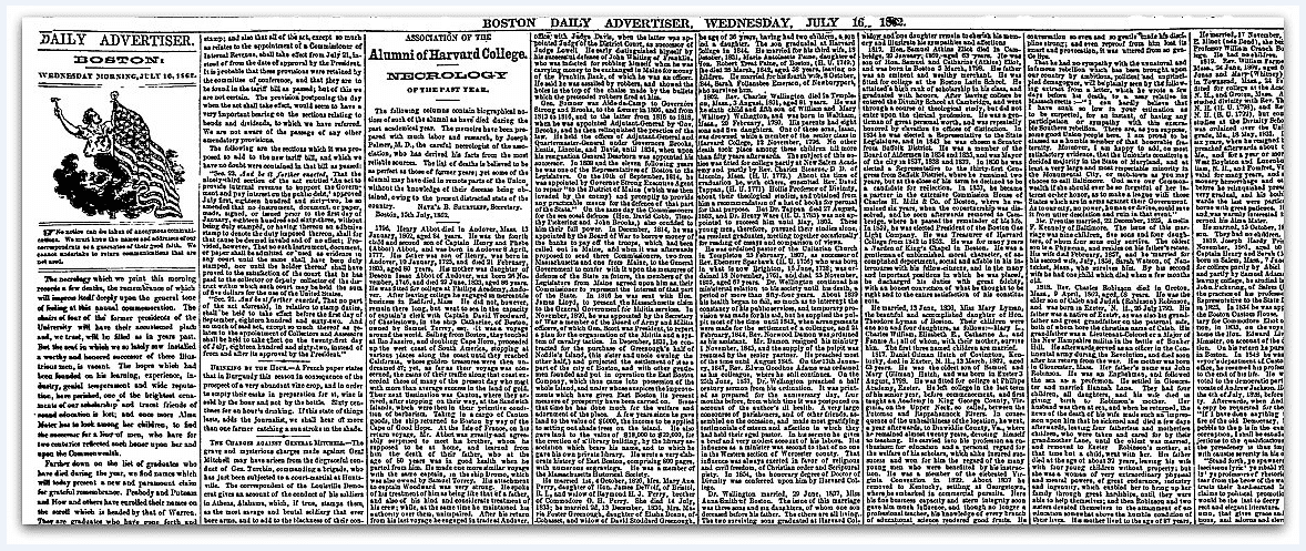 A Harvard University necrology report, Boston Daily Advertiser newspaper article 16 July 1862