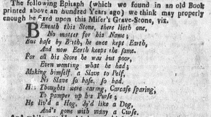 An epitaph for a miser, Boston Evening-Post newspaper article 29 November 1736