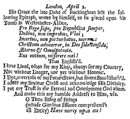 John Sheffield's epitaph, Boston Gazette newspaper article 19 June 1721
