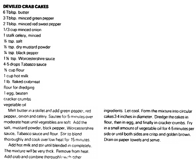 A recipe for deviled crab cakes, Daily Advocate newspaper article 11 November 1984
