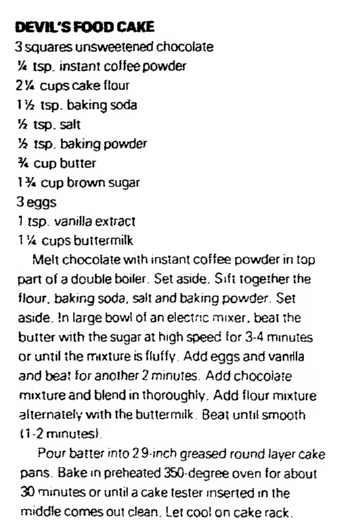 A recipe for devil's food cake, Daily Advocate newspaper article 11 November 1984