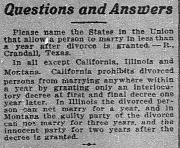 A "Questions and Answers" column, Dallas Morning News newspaper article 6 March 1916