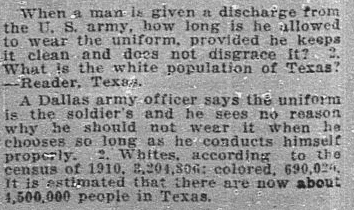 A "Questions and Answers" column, Dallas Morning News newspaper article 17 March 1916