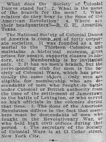 A "Questions and Answers" column, Dallas Morning News newspaper article 17 March 1916