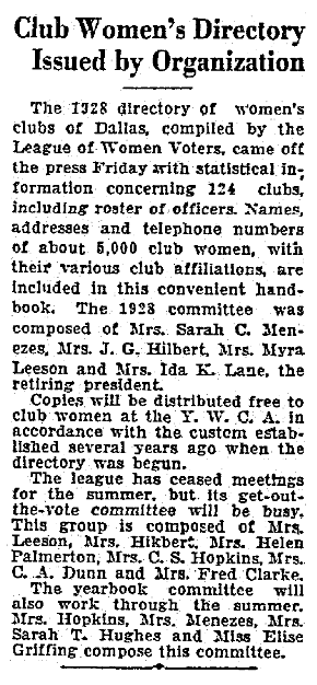 An article about women's club directories, Dallas Morning News newspaper article 16 June 1928