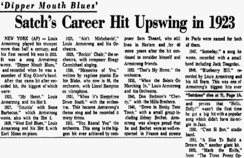 An article about jazz trumpeter Louis "Satchmo" Armstrong, Dallas Morning News newspaper article 7 July 1971