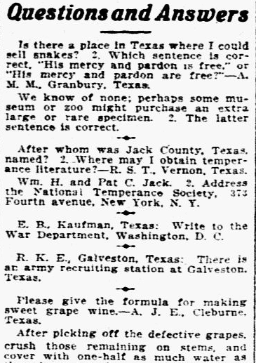 A "Questions and Answers" column, Dallas Morning News newspaper article 24 July 1916