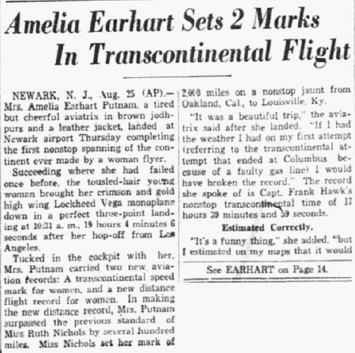 An article about Amelia Earhart, Dallas Morning News newspaper article 26 August 1932