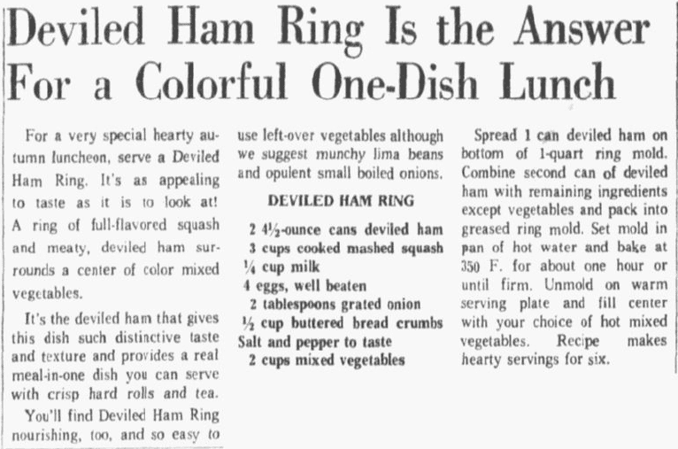 A recipe for a deviled ham dinner, Dallas Morning News newspaper article 17 October 1963