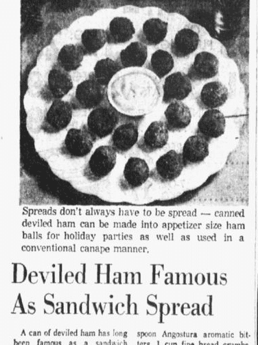 A photo showing a deviled ham appetizer, Dallas Morning News newspaper article 29 December 1958