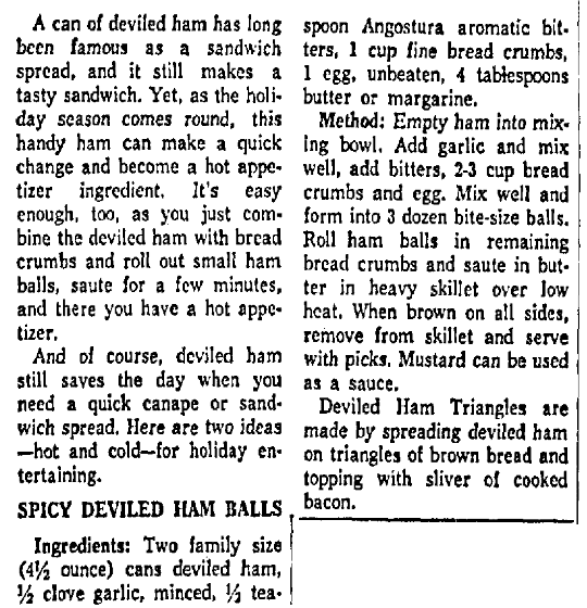 A recipe for deviled ham appetizer, Dallas Morning News newspaper article 29 December 1958