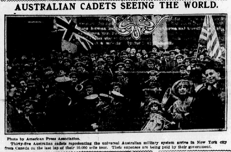 A photo of Australian cadets during WWI, Evening News newspaper article 3 January 1916