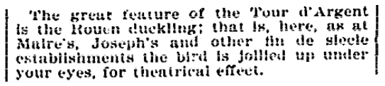 An article about La Tour d’Argent restaurant in Paris, Evening Star newspaper article 27 June 1896