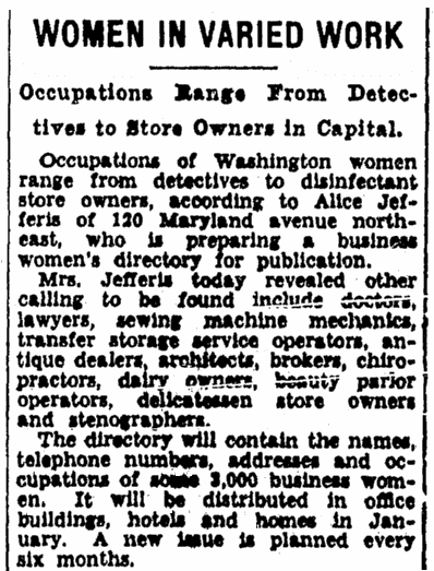 An article about women's business directories, Evening Star newspaper article 17 November 1931