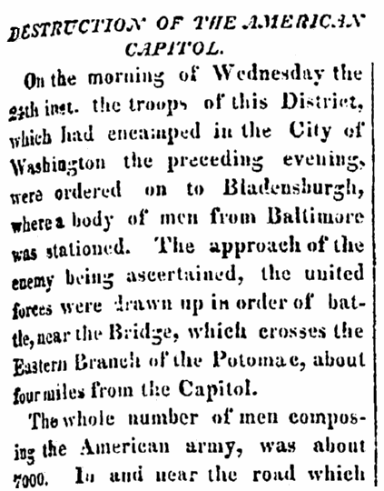 An article about the British burning Washington, D.C., during the War of 1812, Federal Republican newspaper article 30 August 1814