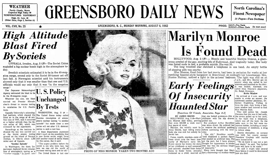 Newspapers.com - Actress and cultural icon Marilyn Monroe was found dead in  her Los Angeles home on August 5, 1962. The toxicology report revealed she  had died from a barbiturate overdose. Though