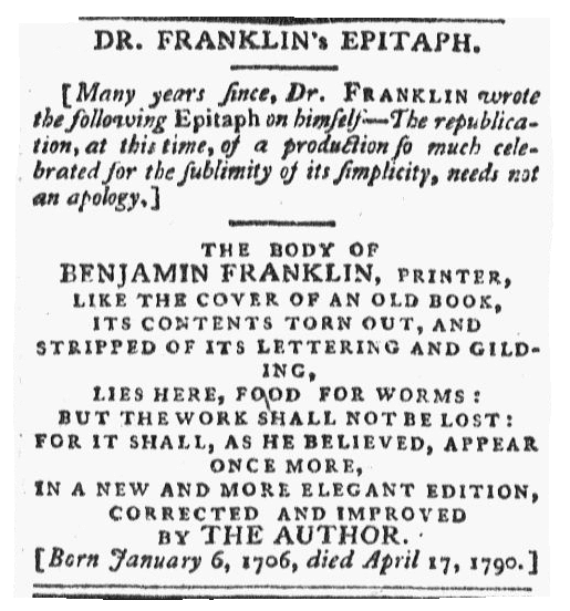 Benjamin Franklin's epitaph, Massachusetts Spy newspaper article 13 May 1790