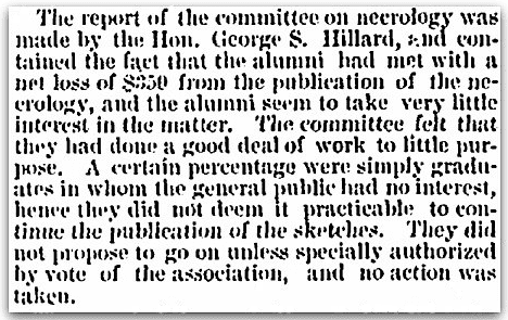 An article about Harvard University’s necrology reports, Massachusetts Spy newspaper article 27 June 1873