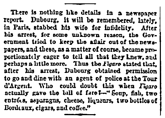 An article about La Tour d’Argent restaurant in Paris, New York Tribune newspaper article 17 May 1872