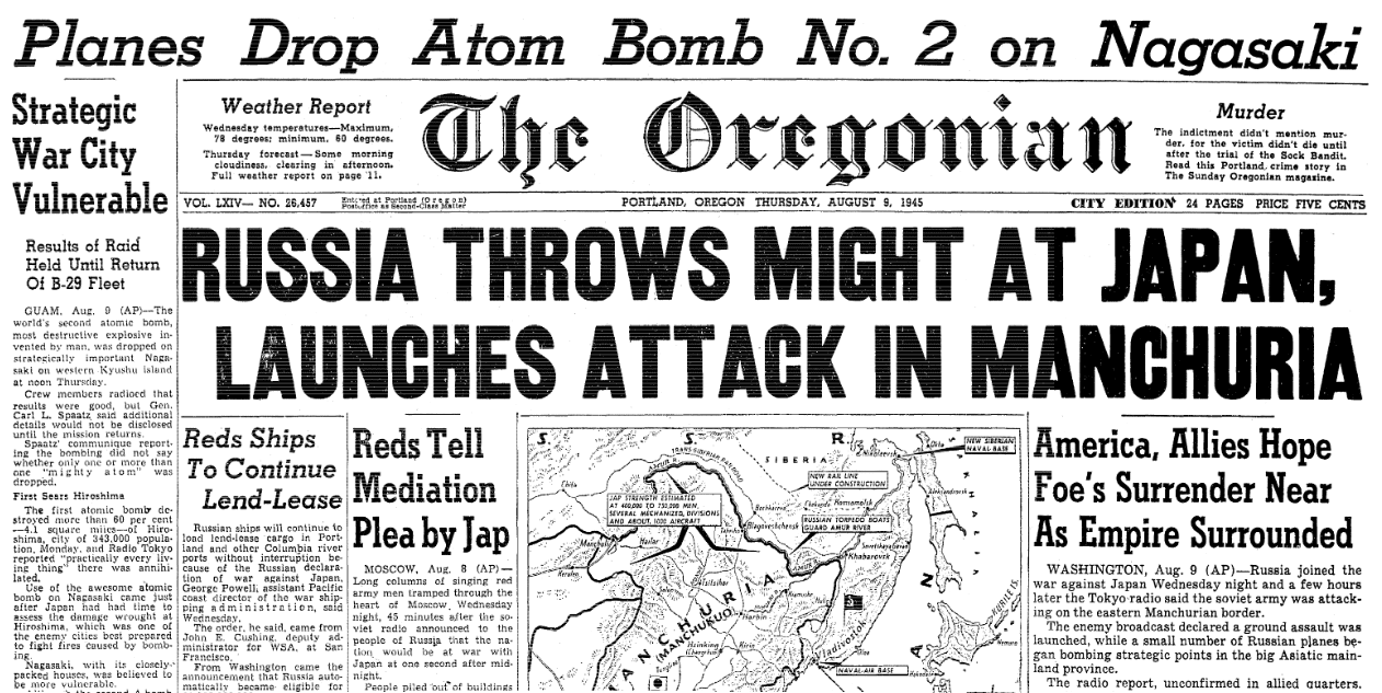 An article about the atomic bombing of Nagasaki, Japan, Oregonian newspaper article 9 August 1945