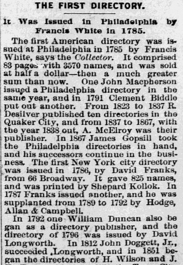 An article about city directories, Philadelphia Inquirer newspaper article 15 May 1892