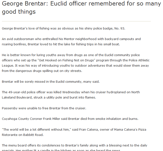 An obituary for George Brentar, Plain Dealer newspaper article 13 October 2007