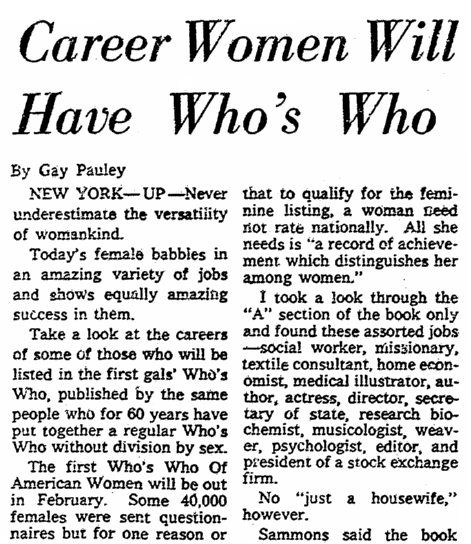 An article about women's "Who's Who" directories, Sacramento Bee newspaper article 18 December 1957