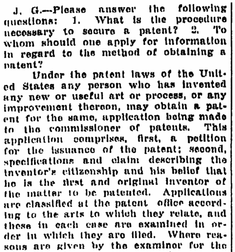 A "Questions and Answers" column, Times-Picayune newspaper article 5 March 1916